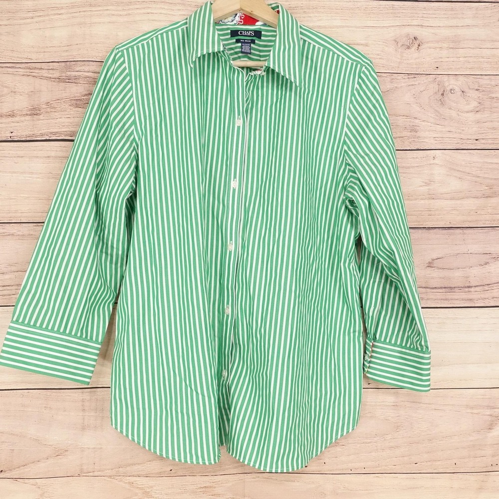 Chaps Button-Up Womens XL Green Striped Collared 3/4 Sleeve No Iron Shirt Top